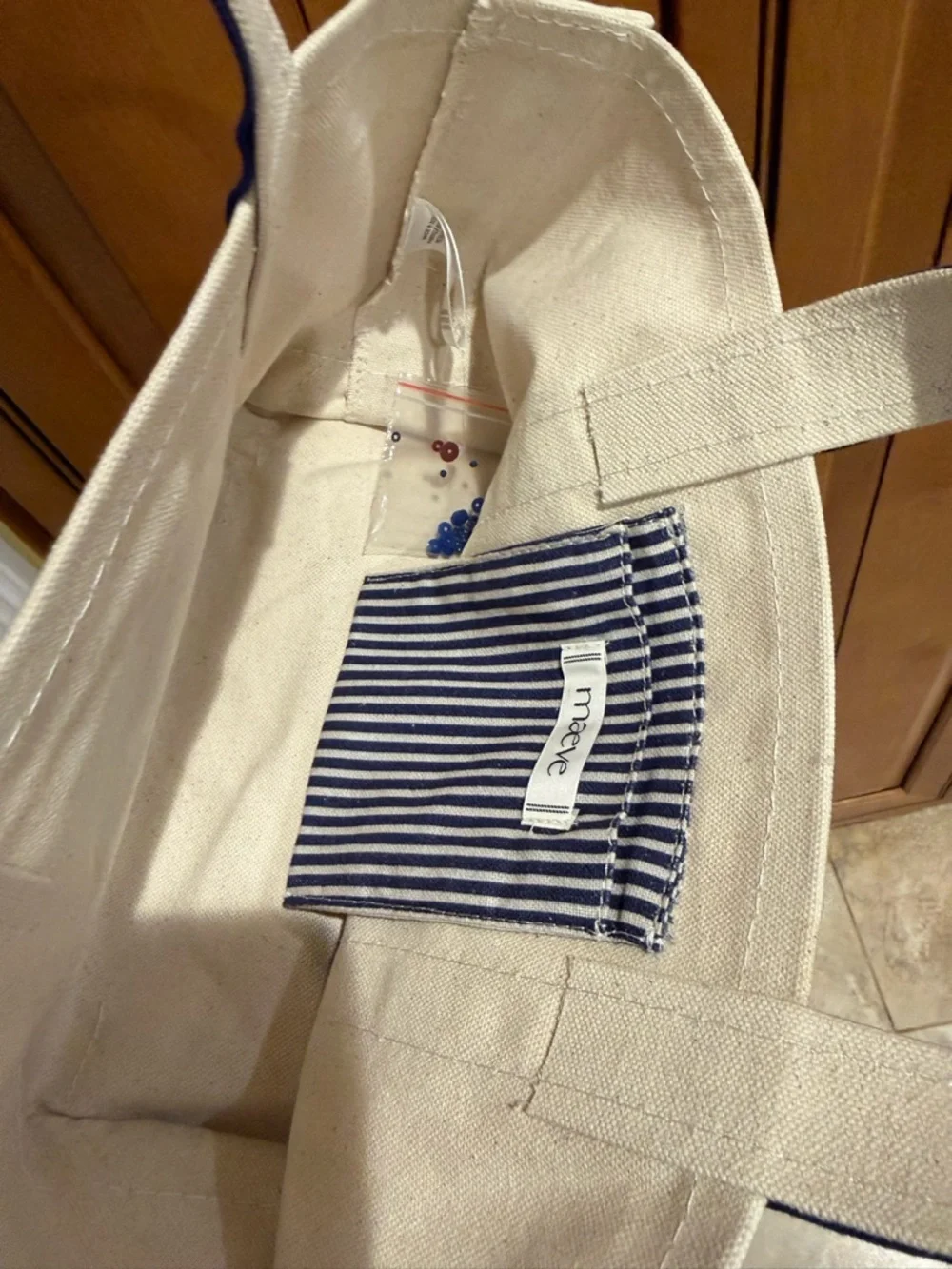 NWT Anthropologie Cream Canvas Baby Tote with Navy Handles and Sequin Initial F